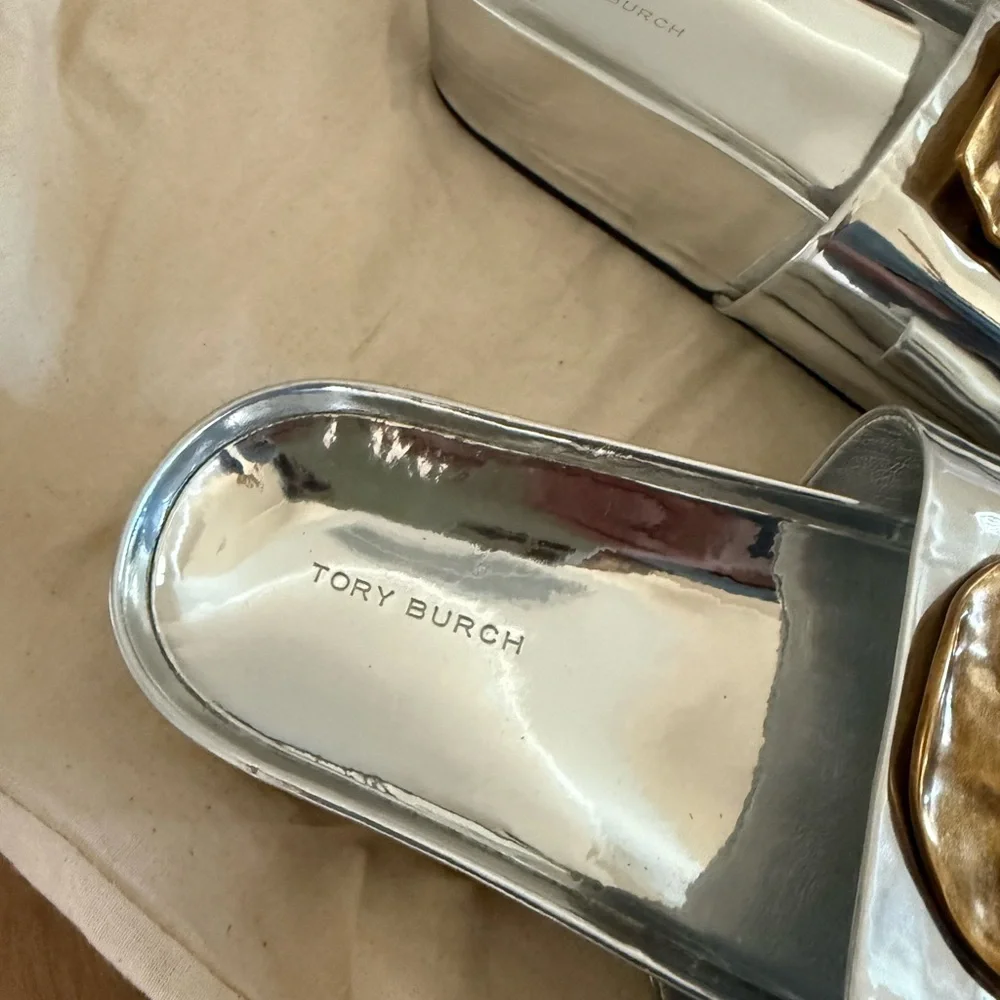 Tory Burch Silver Slides with Gold Detail - Picture 5 of 6